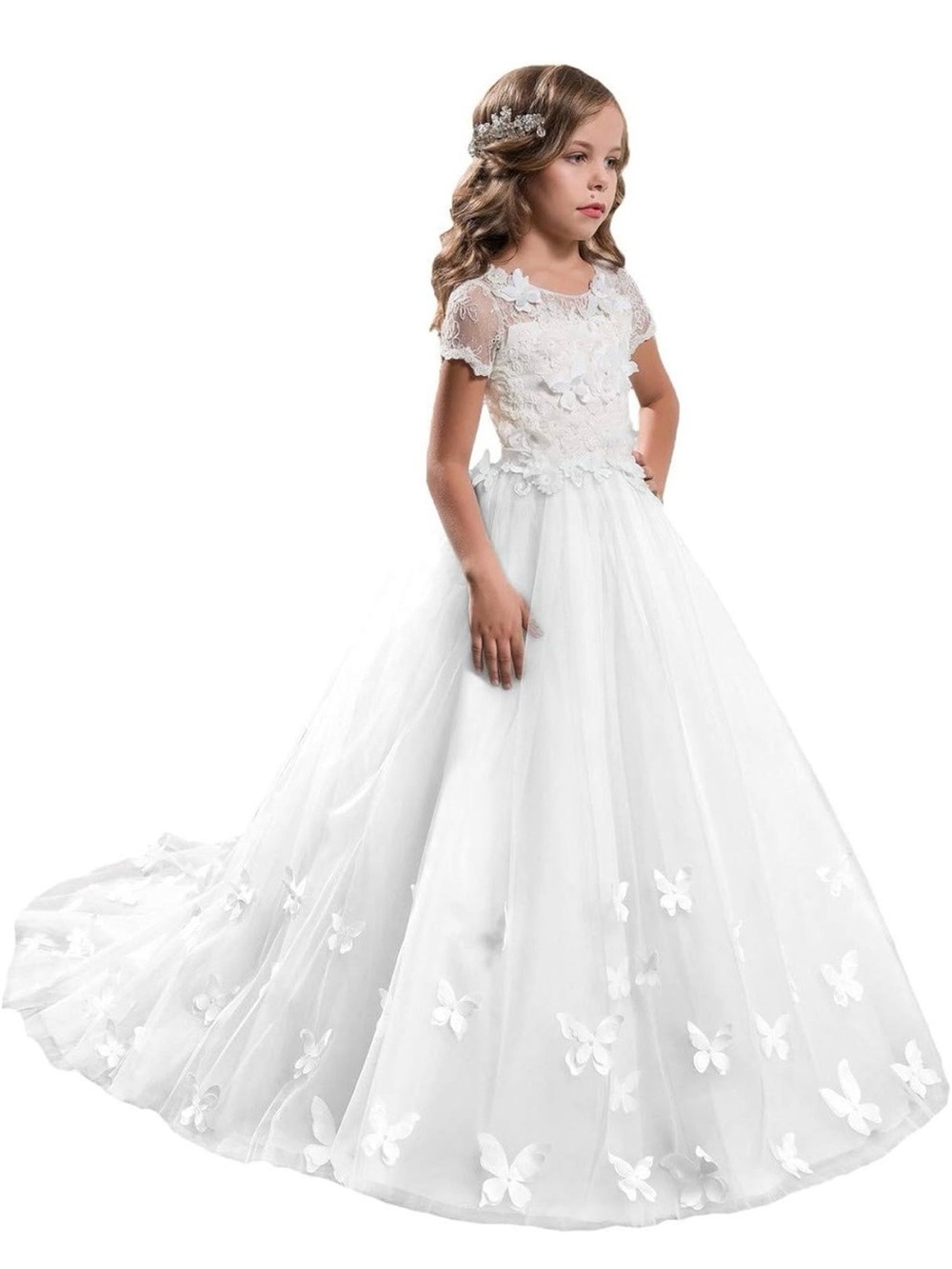 White Floral Lace Tulle Flower Girl Dress